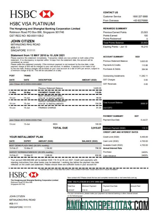 Modelo de extrato de cartão de crédito Visa Platinum para download em Hong Kong HSBC Bank em formato de arquivo .xls e .pdf